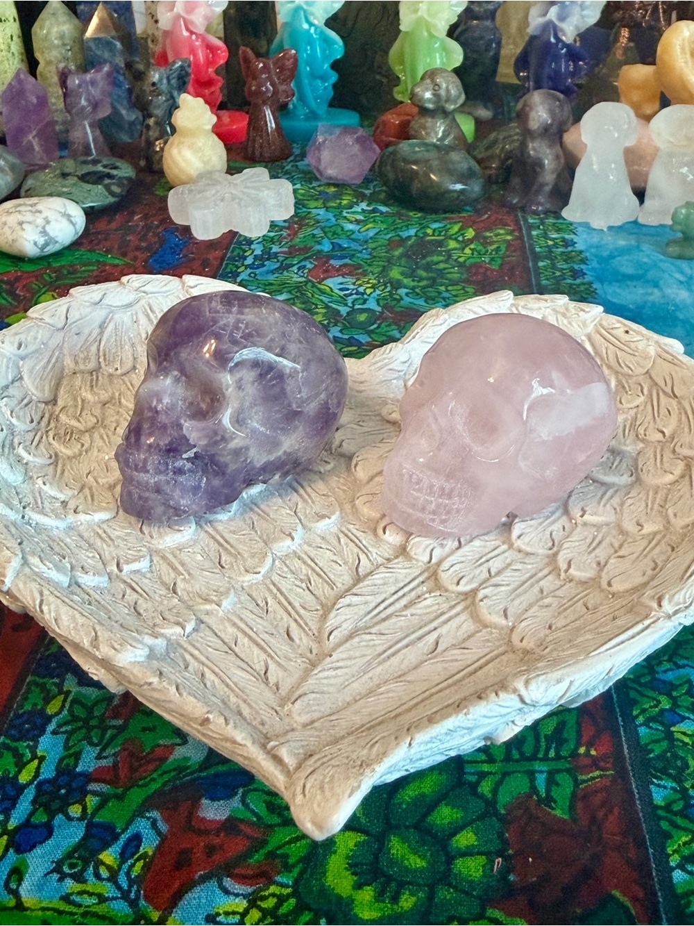 Amethyst and Rose Quartz Crystal Skull Pair